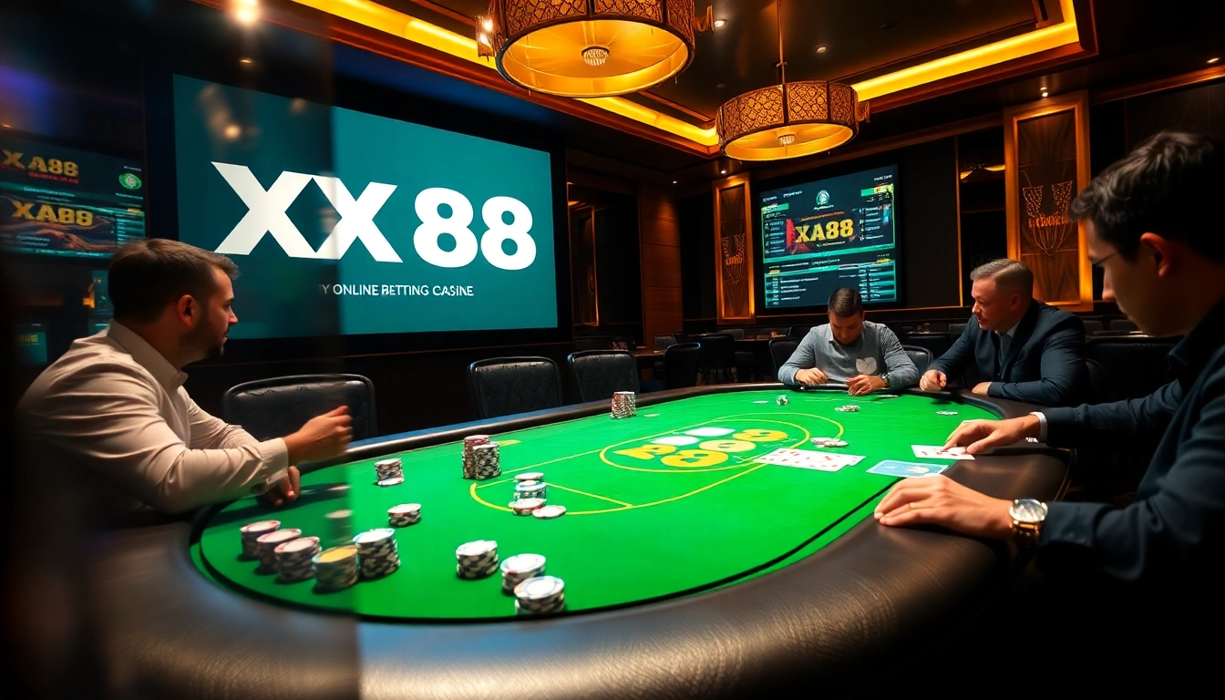 Engaging players at a high-stakes poker table showcasing XX88 branding and casino excitement.