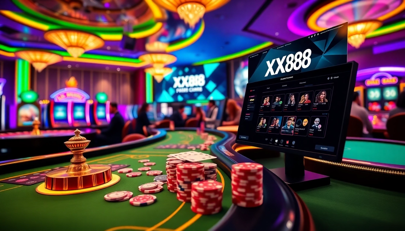 Players enjoying the thrill of casino games at XX88, with vibrant chips and a roulette wheel.