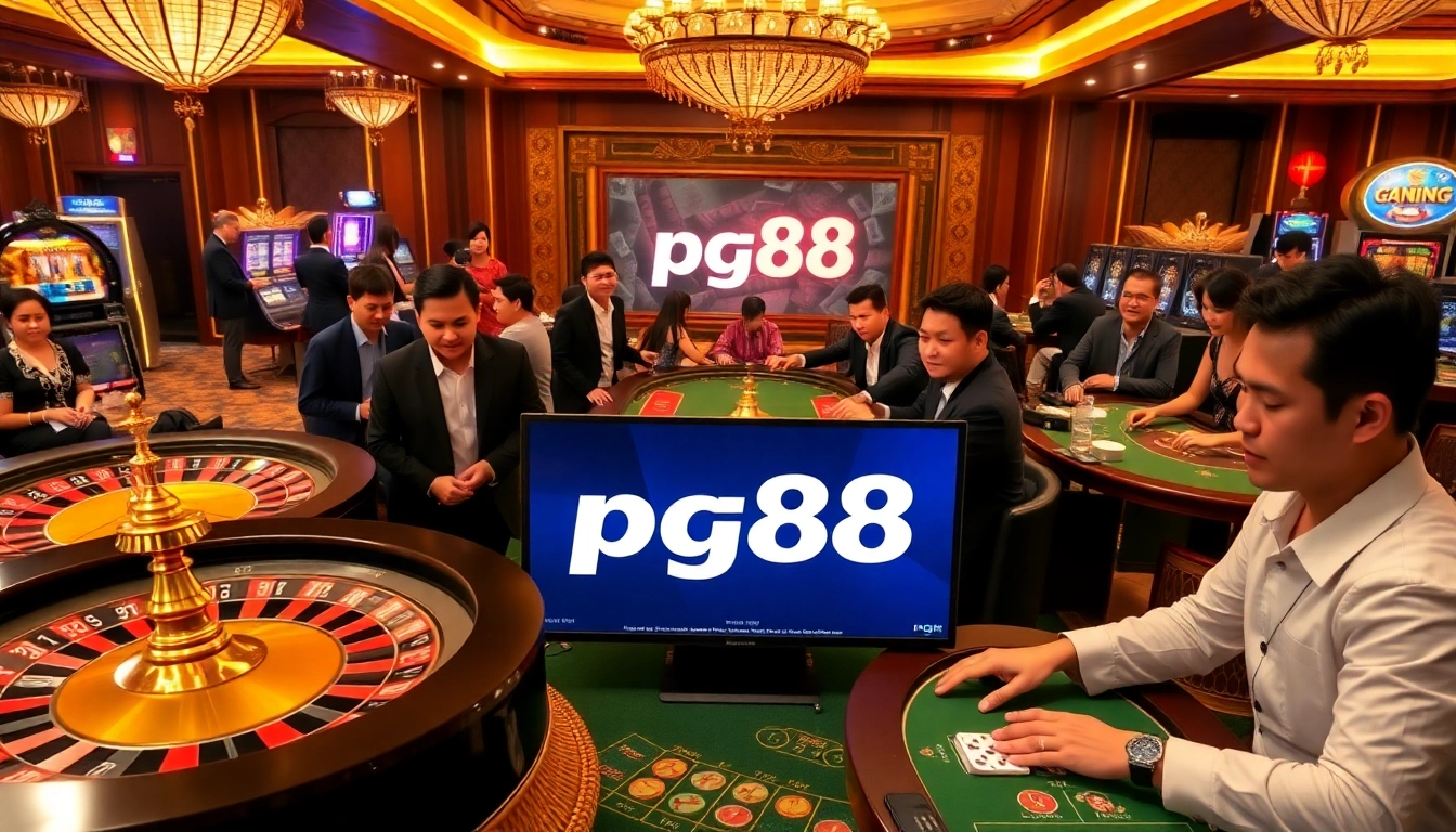 Players enjoying a thrilling game at pg88 casino, featuring roulette and slot machines in a vibrant atmosphere.