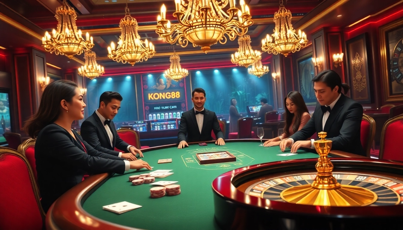 KONG88 players enjoying a thrilling poker game with vibrant chips and cards in a luxurious casino atmosphere.