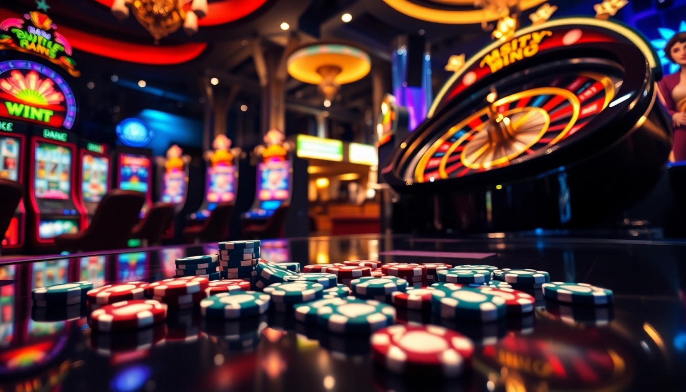 Players engaging in thrilling games at xx88 58k casino, featuring vibrant slots and poker chips.