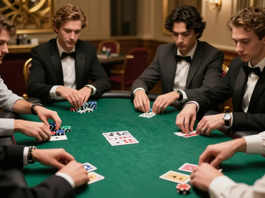 Players strategize bets at a man club poker table, showcasing intense gameplay and high stakes.