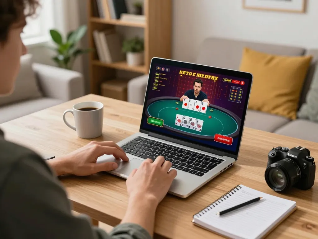 Player engaged in online poker at home using FC88 to enhance strategic betting experience.