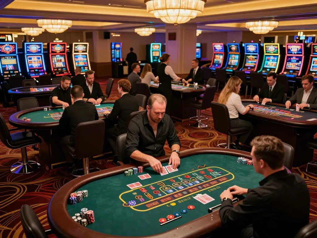 Players engaged in dynamic gameplay at the hit club casino floor, showcasing excitement and strategy.