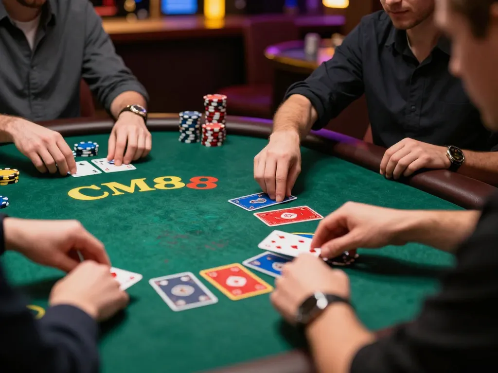 CM88 players engaging in a strategic blackjack game online, focusing on virtual cards and bets.