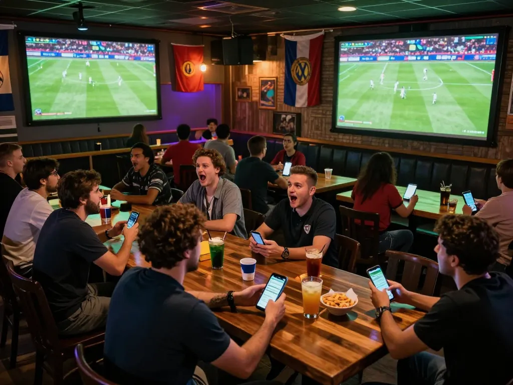 SOCOLIVE fans placing bets while watching live soccer matches on big screens, capturing excitement and community spirit.