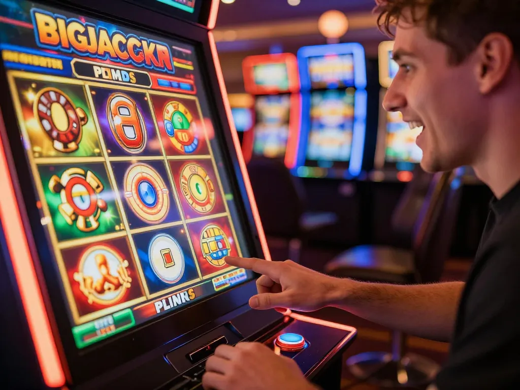 Engaging moment at BigJack Casino with player eagerly spinning the slot machine, vibrant gaming atmosphere visible.