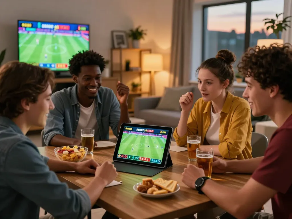 SBOBET betting group enjoying live sports action in vibrant home setting