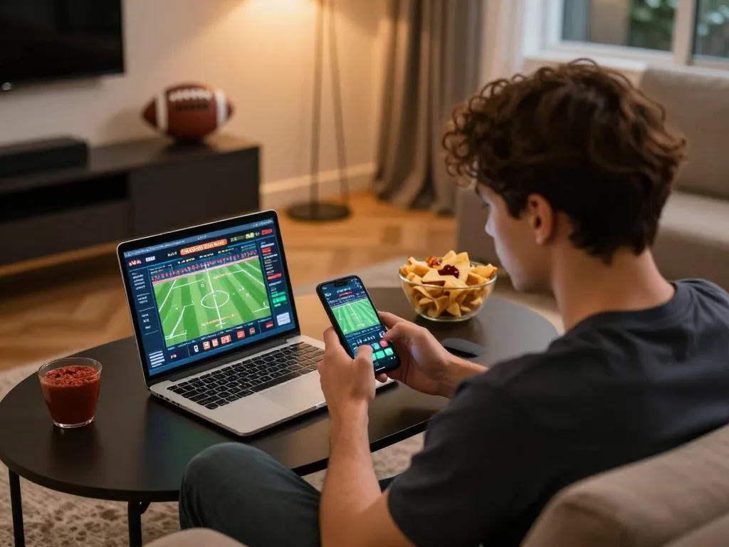 Engaging online sports betting scene focused on kèo nhà cái with user analyzing live odds.