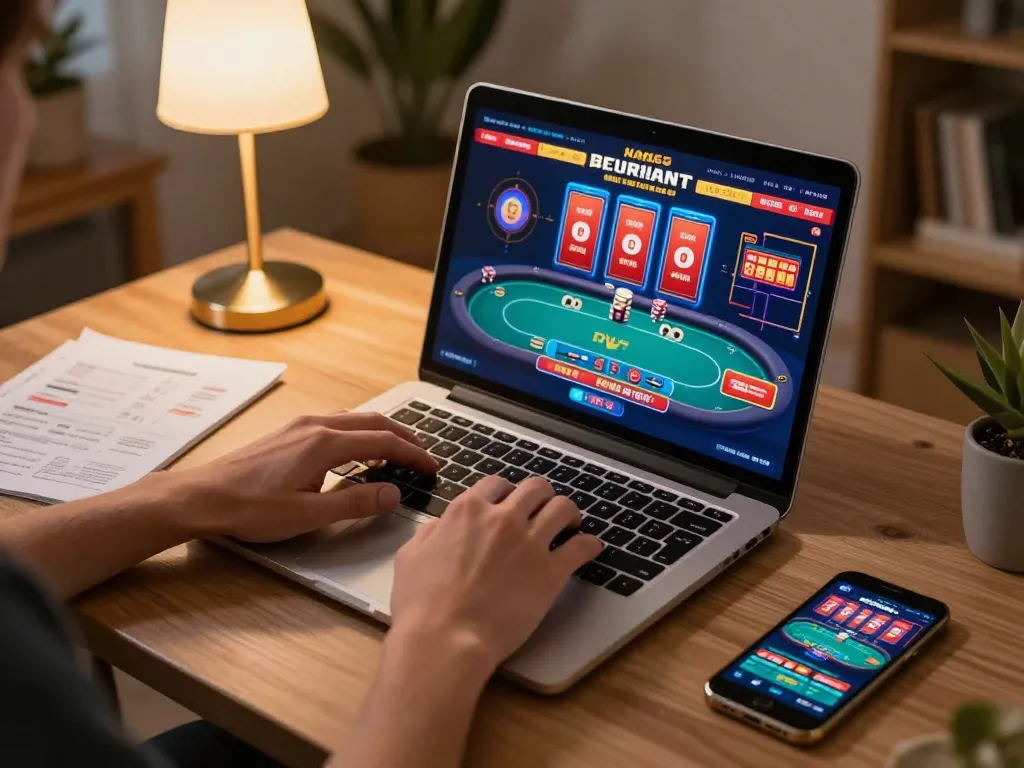 Engaging live casino gameplay on laptop showcasing fly88, highlighting responsible gambling strategies.