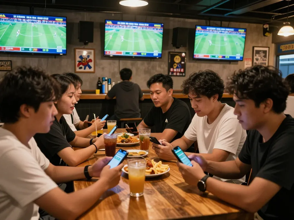 Pelanggan yang terlibat bersorak selama sesi taruhan judi bola di sebuah bar olahraga yang ramai.