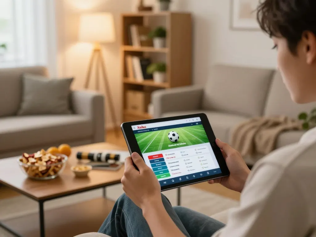 Xoilac user enjoying sports betting on a tablet in a cozy home environment.