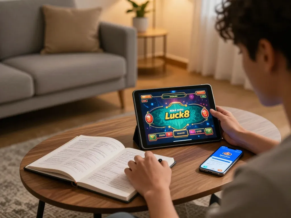 Engaged player using Nhà cái Luck8 app on tablet, surrounded by betting notes.