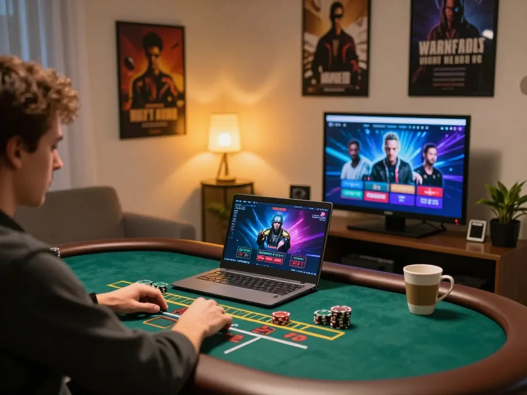 Engaged player at lucky88s online casino, enjoying live blackjack game on laptop