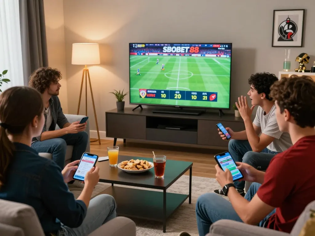 Friends enjoying a lively SBOBET88 sports betting event in a modern living room.