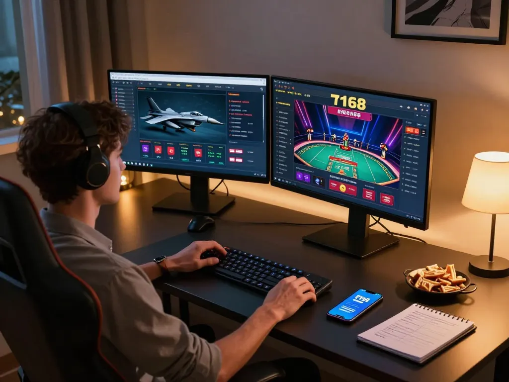 Engaging user exploring f168 online betting interface with live dealer games displayed on dual monitors