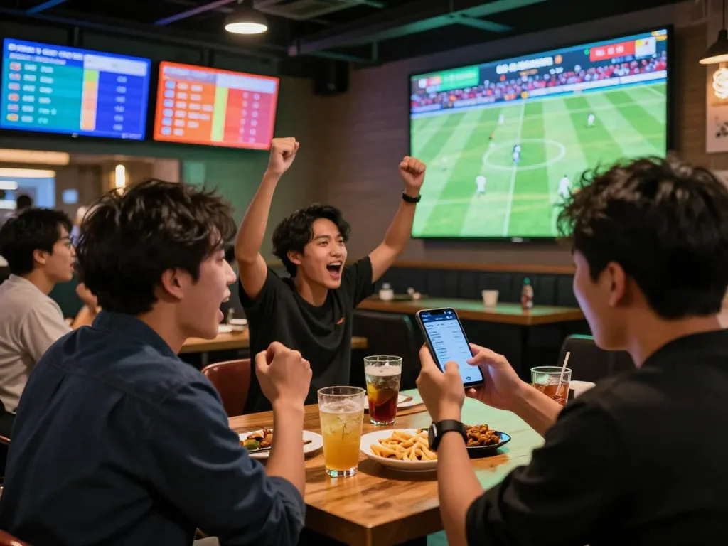 Engaged bettor analyzing kèo nhà cái on smartphone while watching live sports, creating a strategic betting atmosphere.