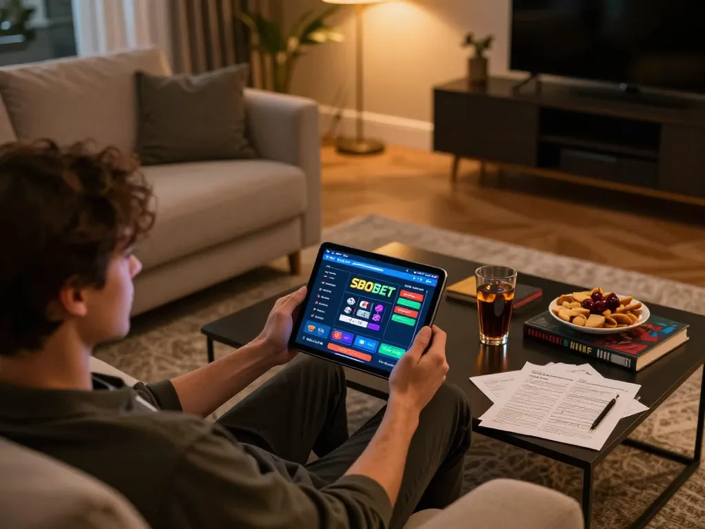 Antarmuka SBOBET di tablet, menampilkan taruhan online dalam suasana rumah yang nyaman.