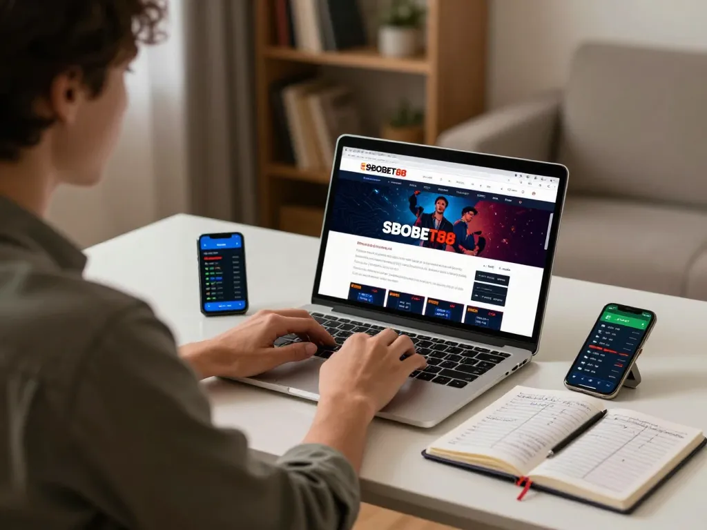 Antarmuka taruhan SBOBET88 ditampilkan di laptop selama sesi perjudian online yang strategis.
