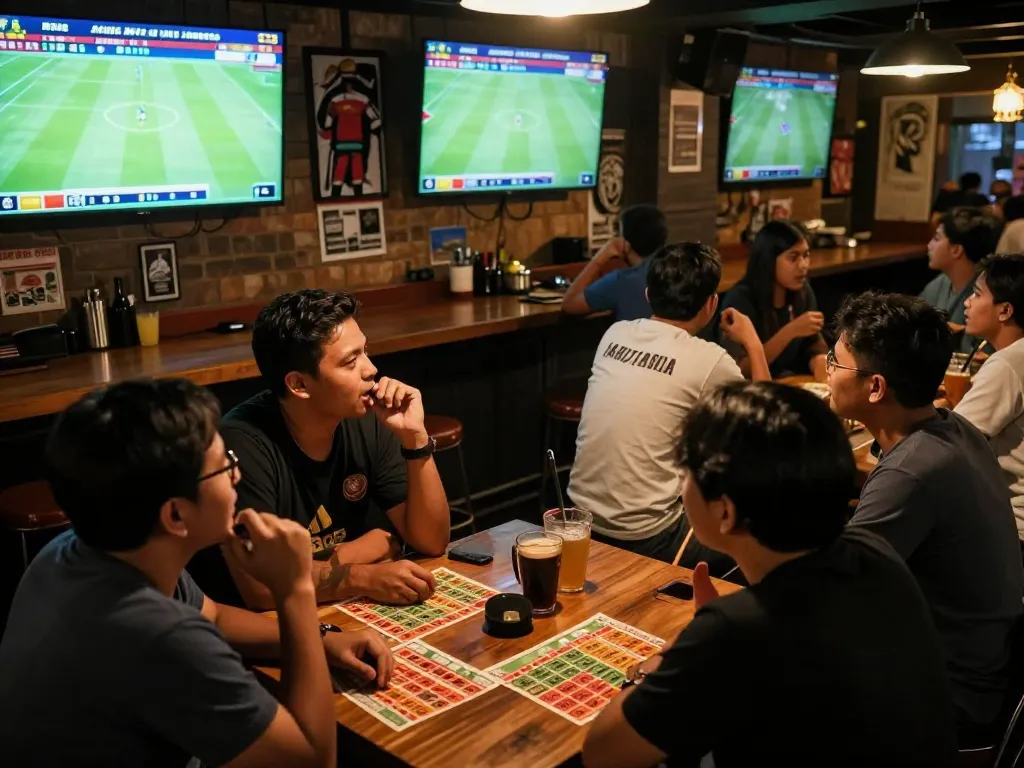 Pelanggan yang bersemangat terlibat dalam judi bola di bar olahraga, layar dinamis menampilkan peluang pertandingan.