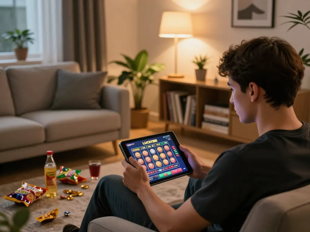Player enjoying LUCKY88 online slots on tablet in cozy home setting, showcasing responsible gaming