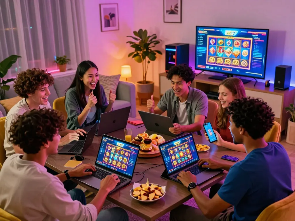 Engaged players enjoying the dk7 slot experience on various devices in a lively gaming atmosphere