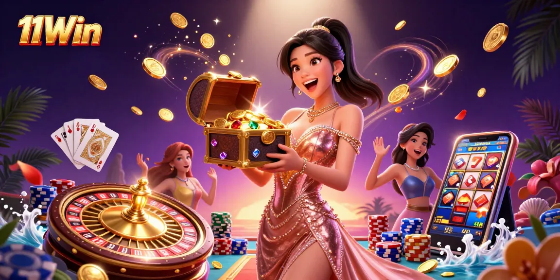 Engage with thrilling wins at 11Win featuring a dazzling treasure chest and vibrant casino elements.