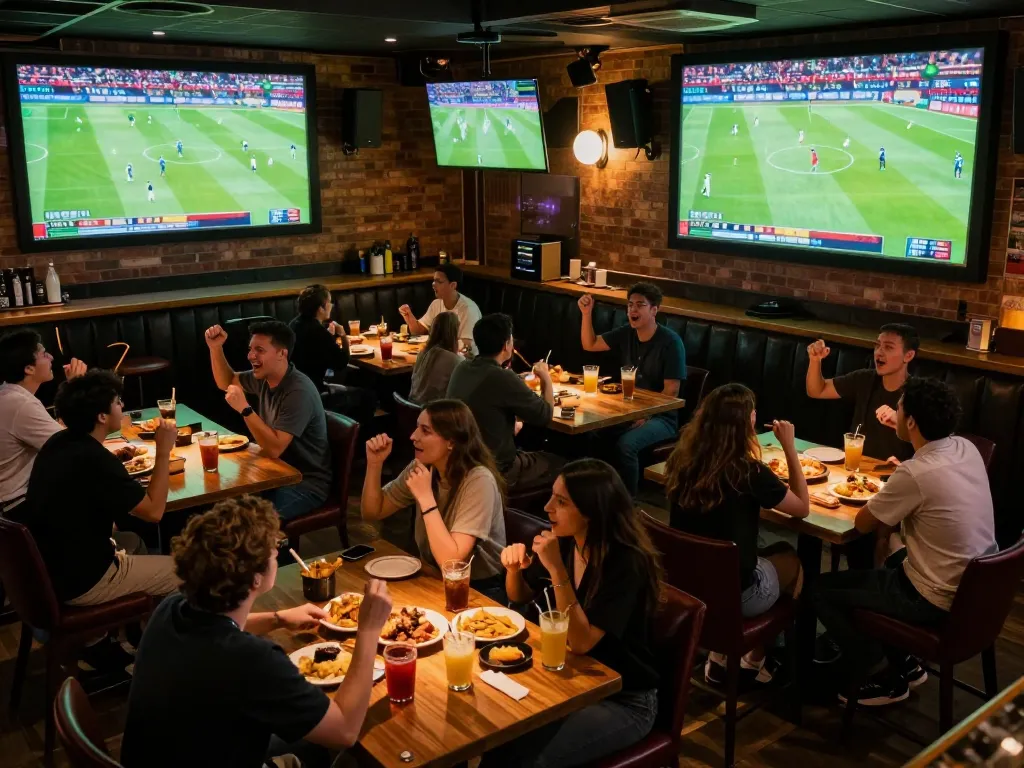 Socolive xem bóng đá with friends enjoying live matches at a sports bar, capturing the excitement.
