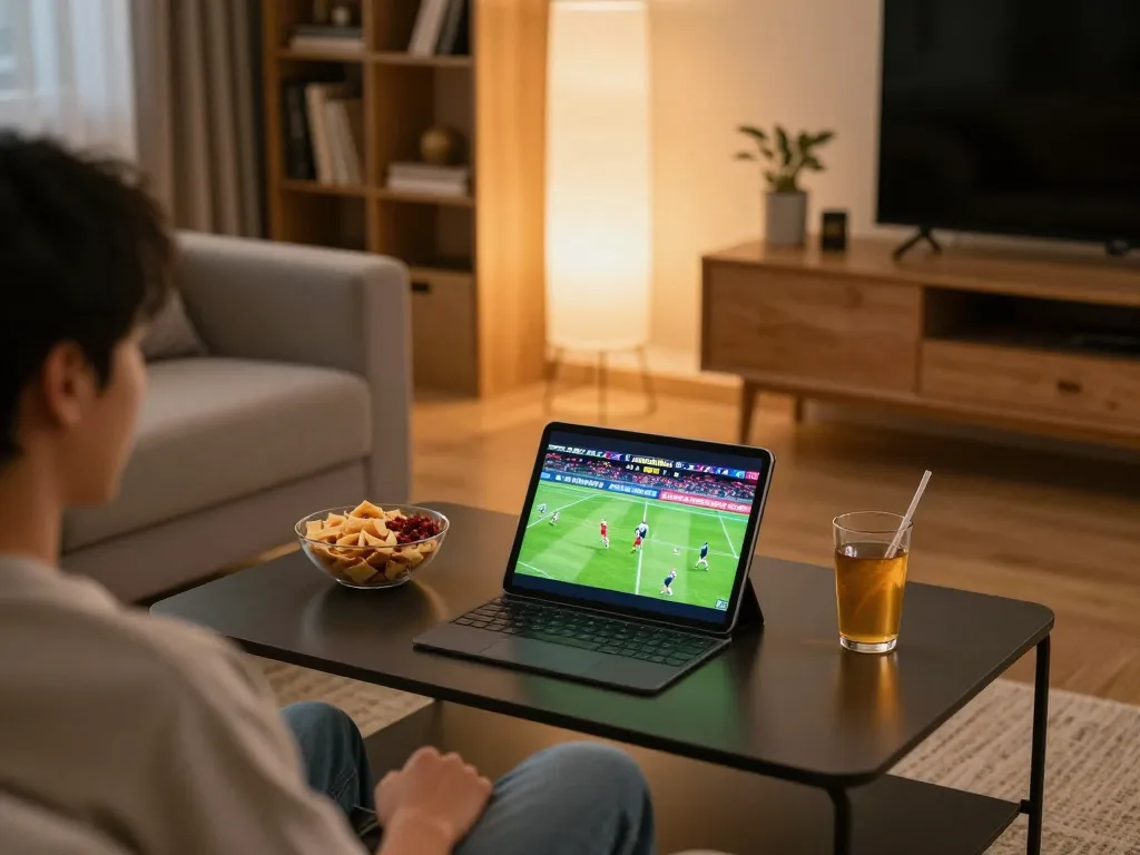 Socolive xem bóng đá experience with a person watching a live game on their tablet in a cozy living room setting.