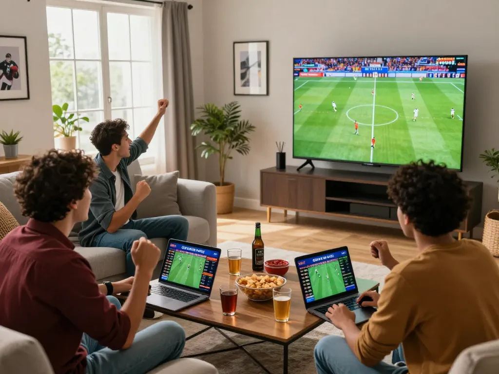 Friends enjoying an online betting experience at https://okfun.onl/ while watching a football match in a lively living room.