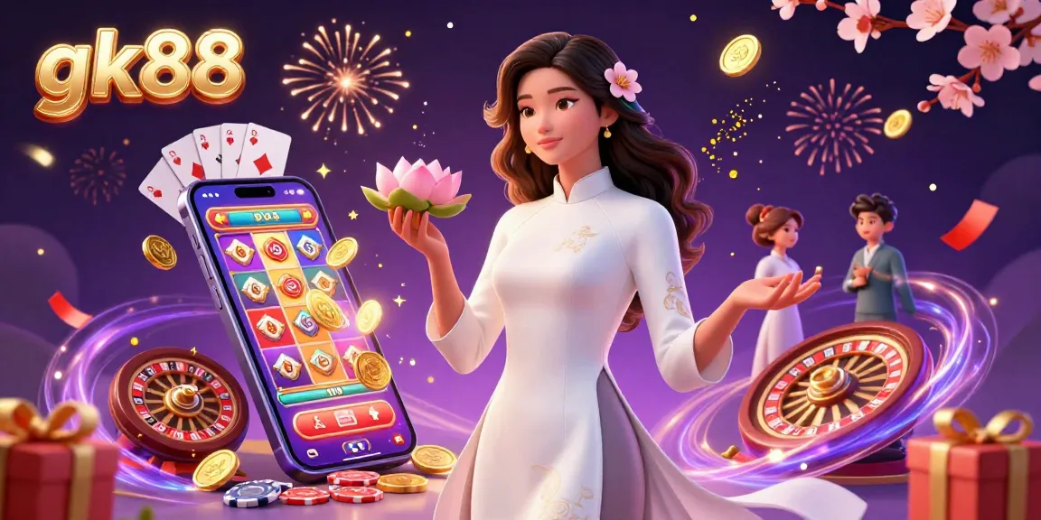 Experience exciting gameplay with gk88 as elegant characters engage with vibrant slot games and falling confetti.