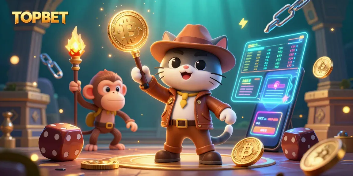 TOPBET highlights an explorer cat uncovering casino treasures amidst vibrant 3D crypto elements.
