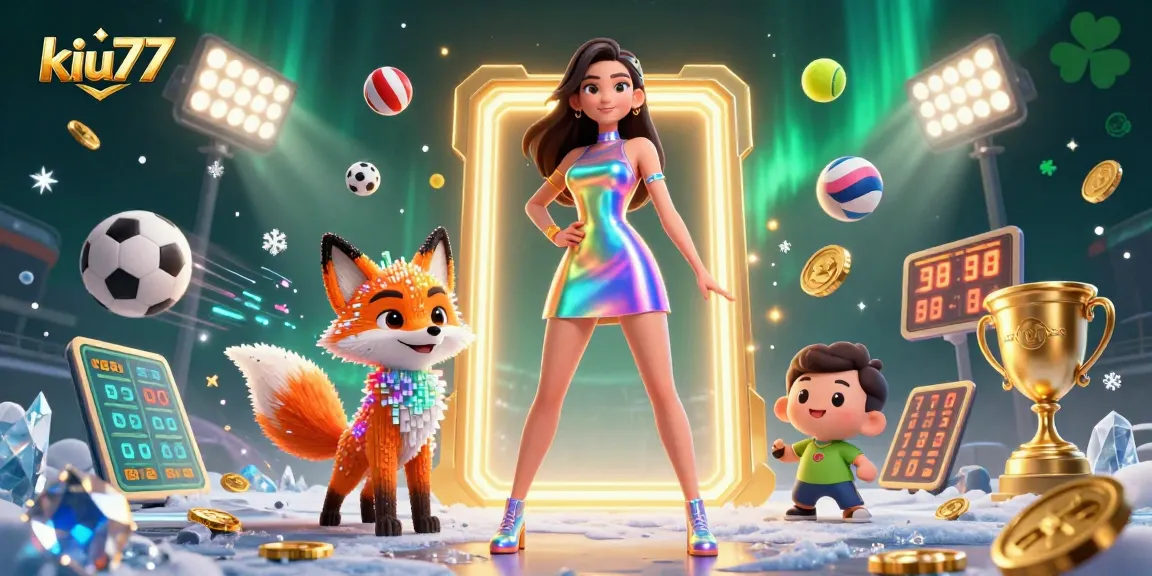 Experience thrilling action at kiu77 with a vibrant 3D illustration of casino elements and sports.