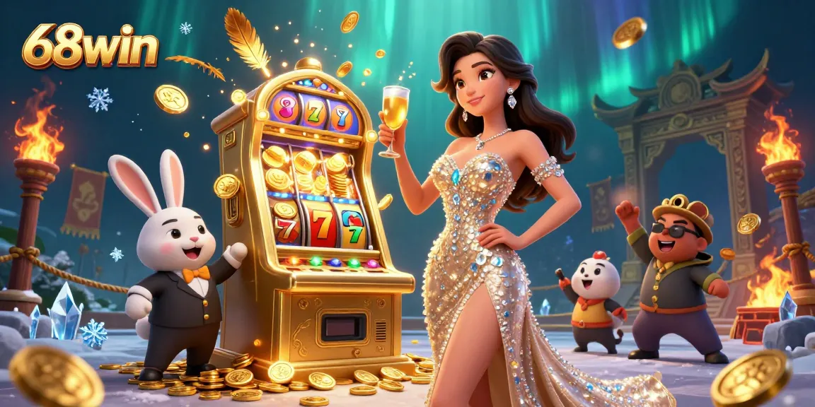 Experience the excitement of 68win with a stunning illustration of a jackpot celebration, featuring glamorous elements and casino vibes.
