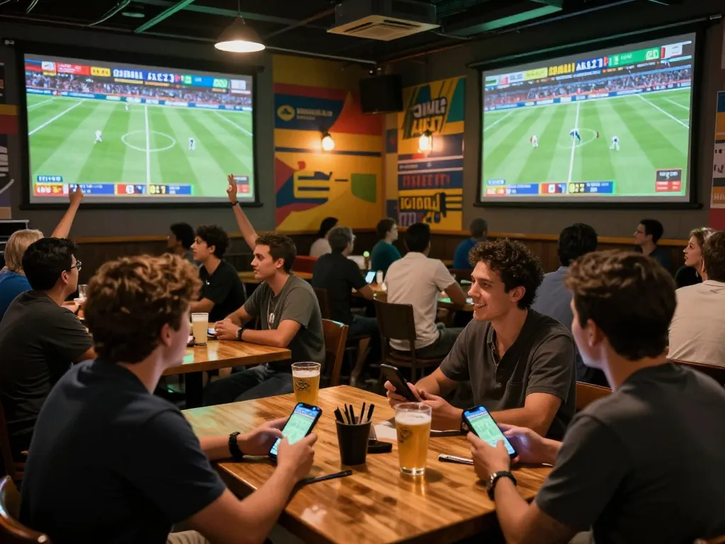 KQBD fans passionately watching live football while engaging in betting activities, creating an electrifying atmosphere