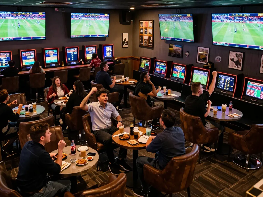 Fans engaging in sports betting at five88, celebrating wins and placing bets in a vibrant lounge