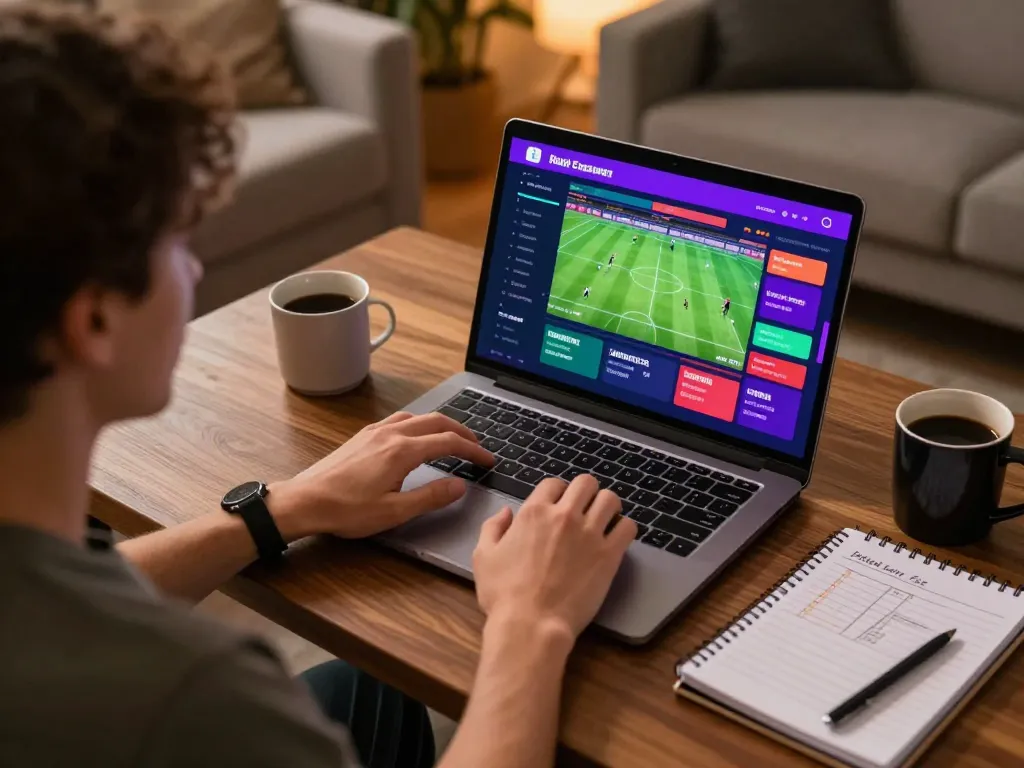 Engaging in sports betting on LC88 with vibrant laptop interface displaying real-time odds and betting options.