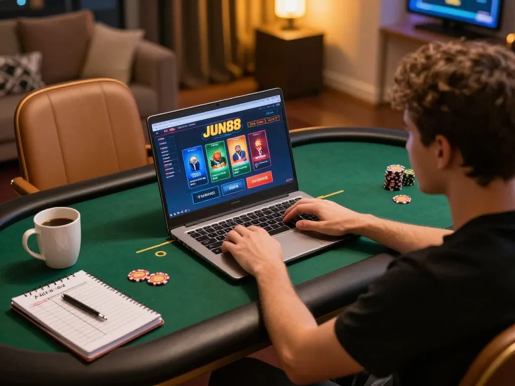 Player strategizing with JUN88 online casino poker game on laptop in a cozy setting