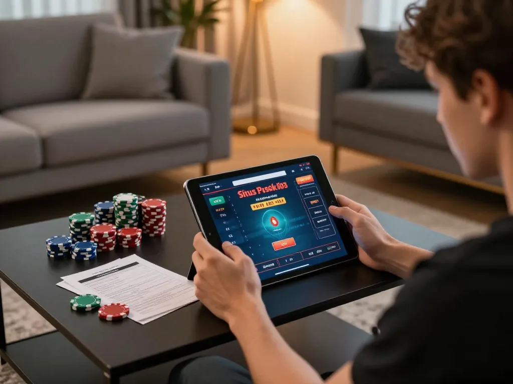 Situs Poker Lapak303 showcased on a tablet with an inviting home environment, emphasizing strategic gameplay.
