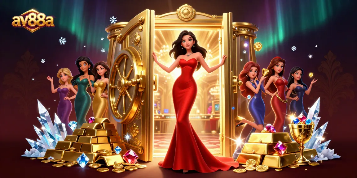 Engage with av88a in a dazzling casino scene featuring an elegant woman amidst treasures.