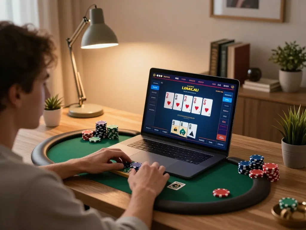 LEMACAU player engaged in an online poker game at home, showcasing dynamic gameplay and comfortable setting