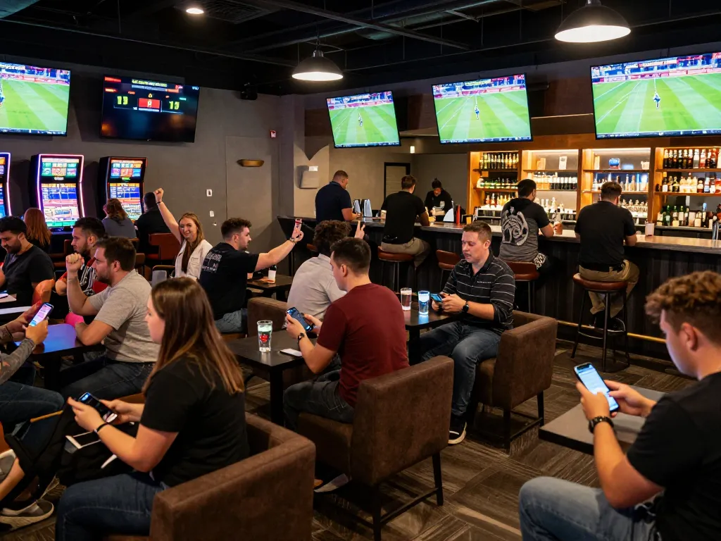 Xoilac TV offers live sports betting excitement in a bustling lounge environment.