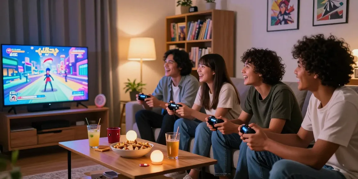 Diverse group enjoying hentaigames together in a cozy living room, engaged in interactive gaming.