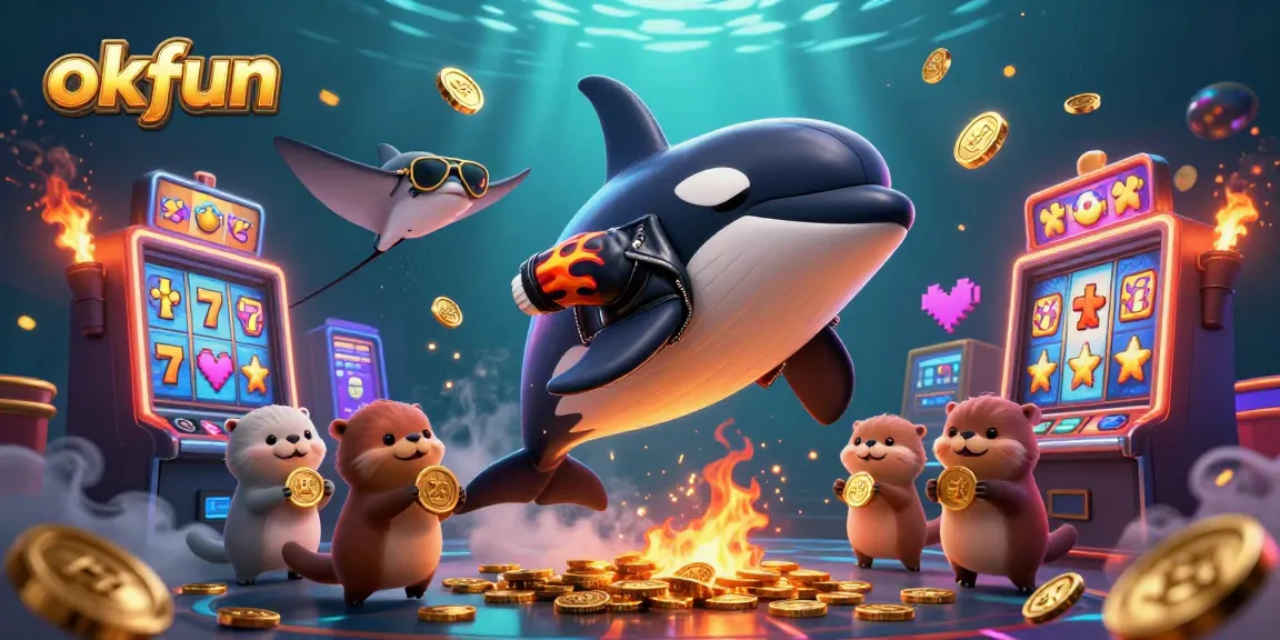 Engage in winning strategies at okfun's immersive casino with vibrant characters and dynamic slot elements.