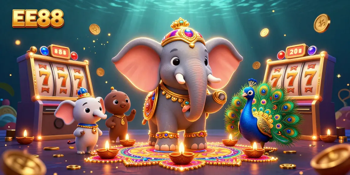 Experience the fun of EE88 with a lively 3D illustration of an elephant and peacock in a vibrant casino setting.