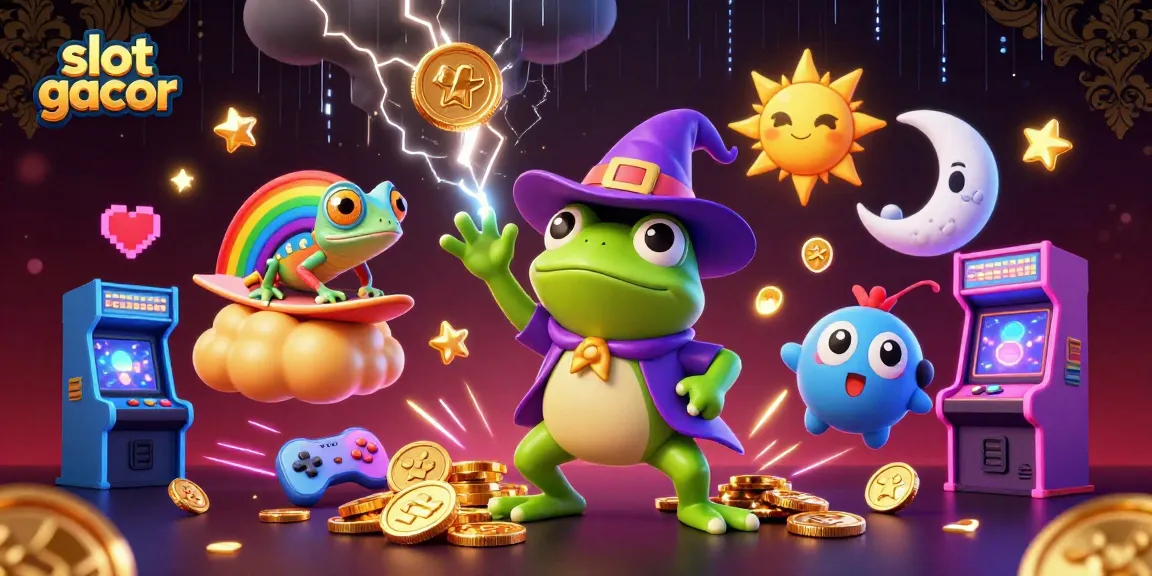 Spin to win at slot gacor with a magical 3D illustration of a wizard frog and chameleon.