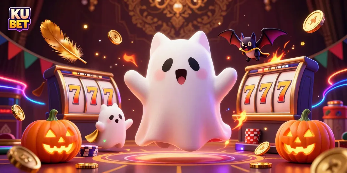 Experience thrilling wins at KU BET with the ghost cat and vampire bat in a vibrant casino scene.