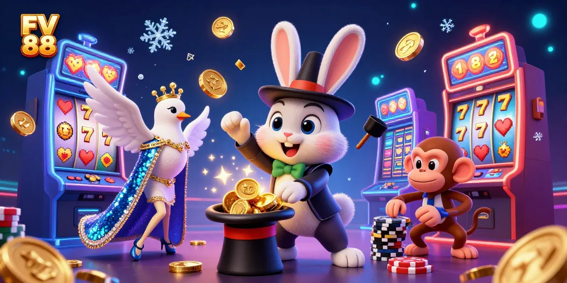 Experience the excitement of FV 88 with a 3D magician rabbit, glamorous dove, and a mischievous monkey in a vibrant casino setting.