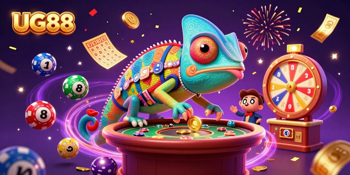 Win big at UG88 with a chameleon casino owner capturing coins and colorful lottery fun!