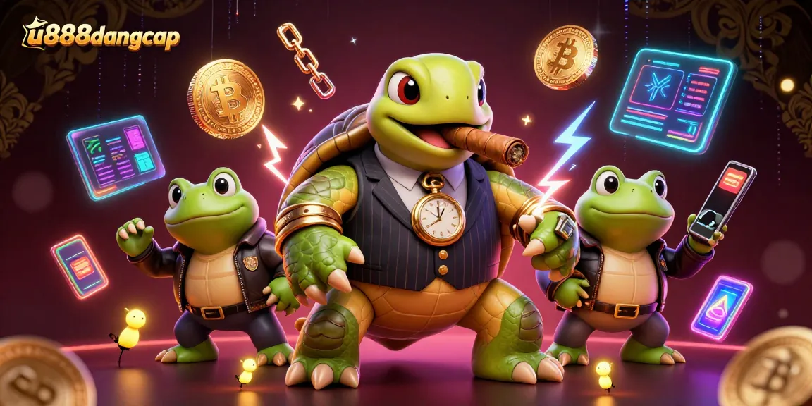 Engage with u888dangcap's vibrant casino scene featuring a turtle mobster and bullfrogs.